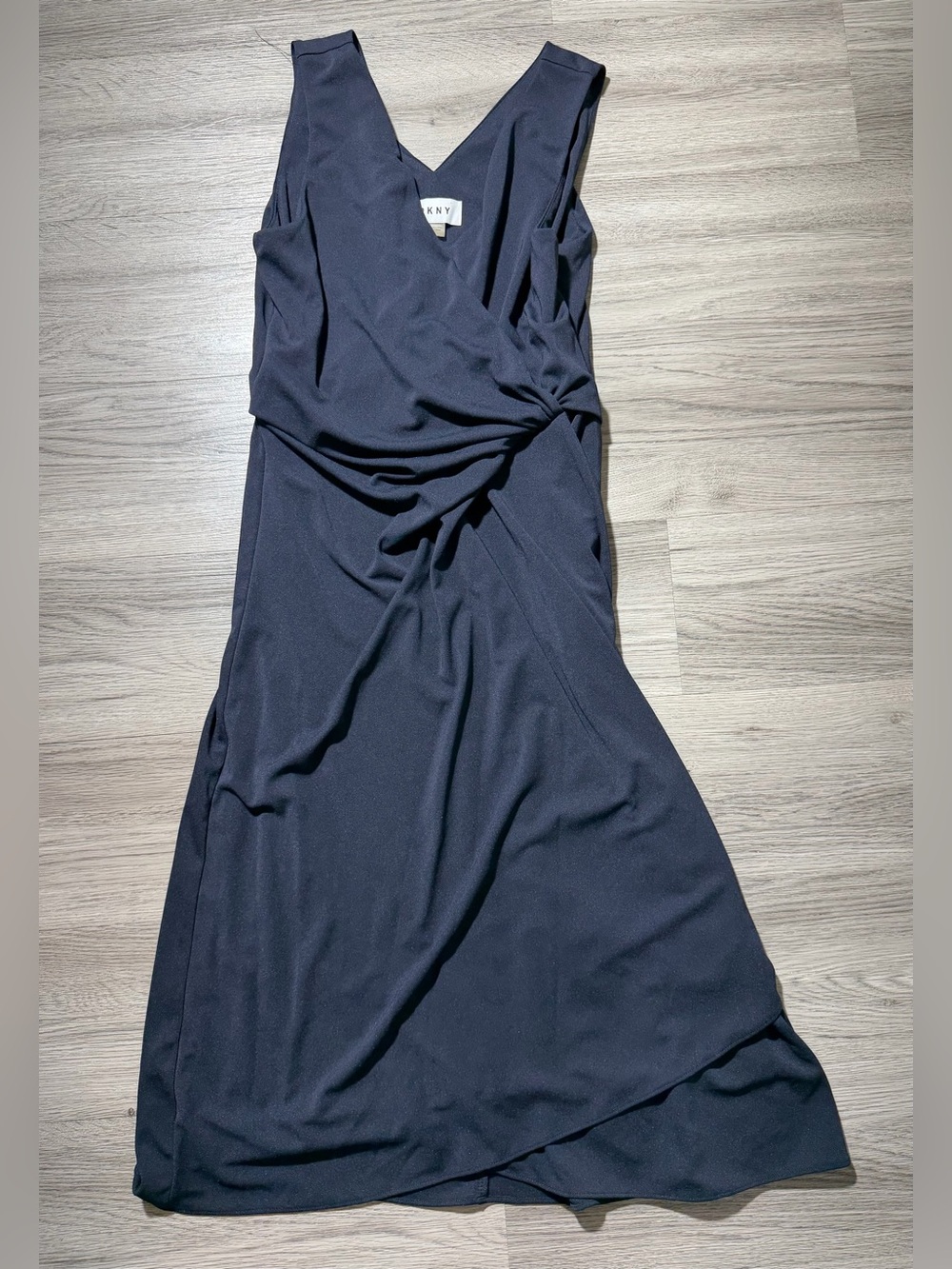 DKNY Womens Size 4 Navy Faux Wrap Dress Twist Front Sleeveless Midi Career
